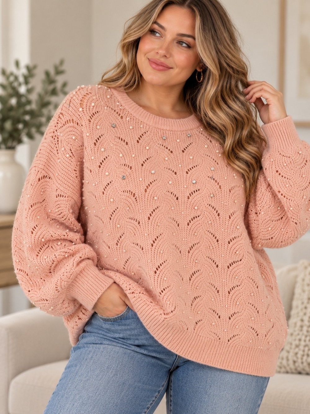 Nanette Lepore Blush Pink Pearl & Rhinestone Slouchy Sweater XL